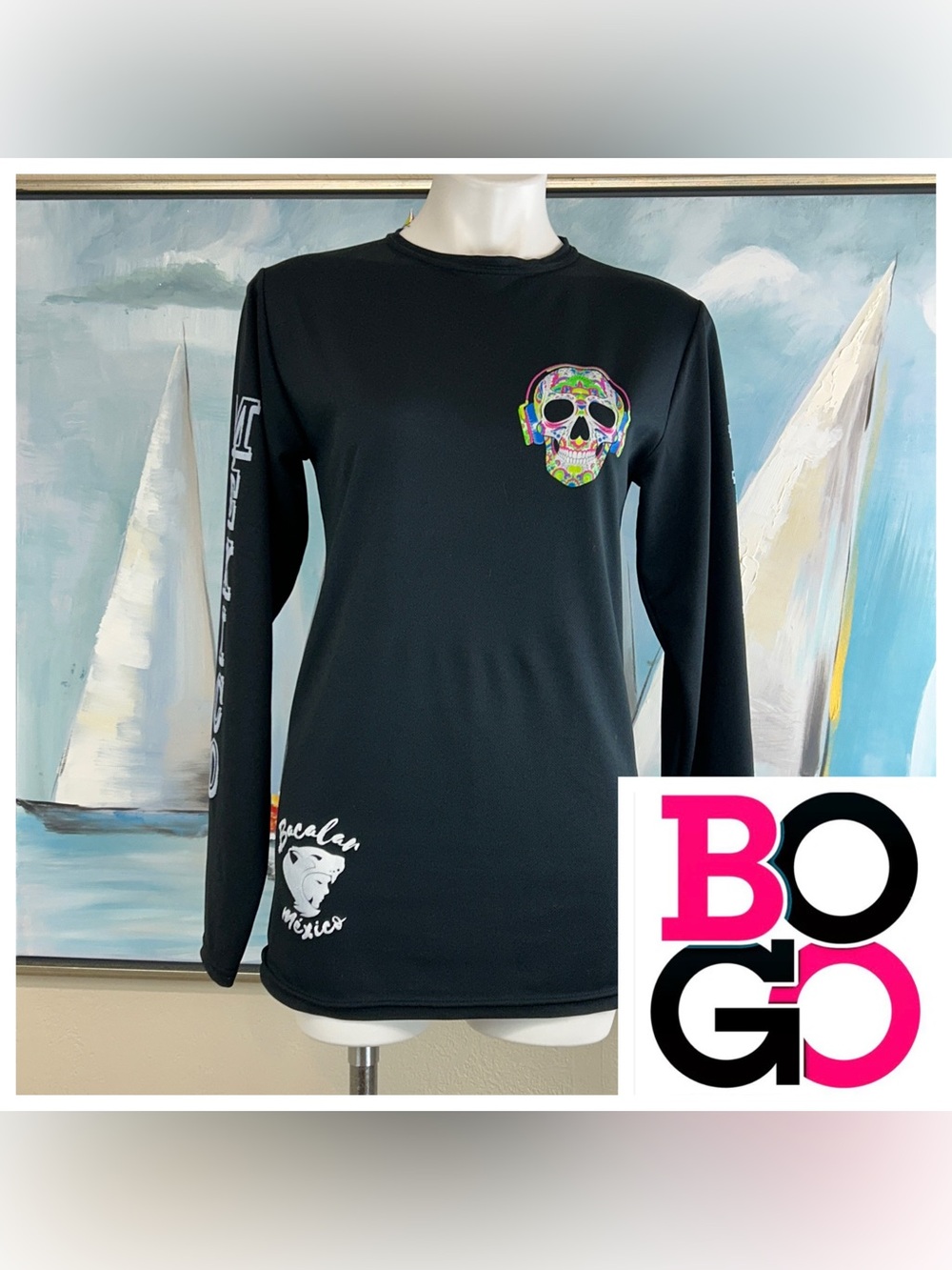 Mexico Black Long Sleeve Men’s Graphic Tee with Colorful Candy Skull size med